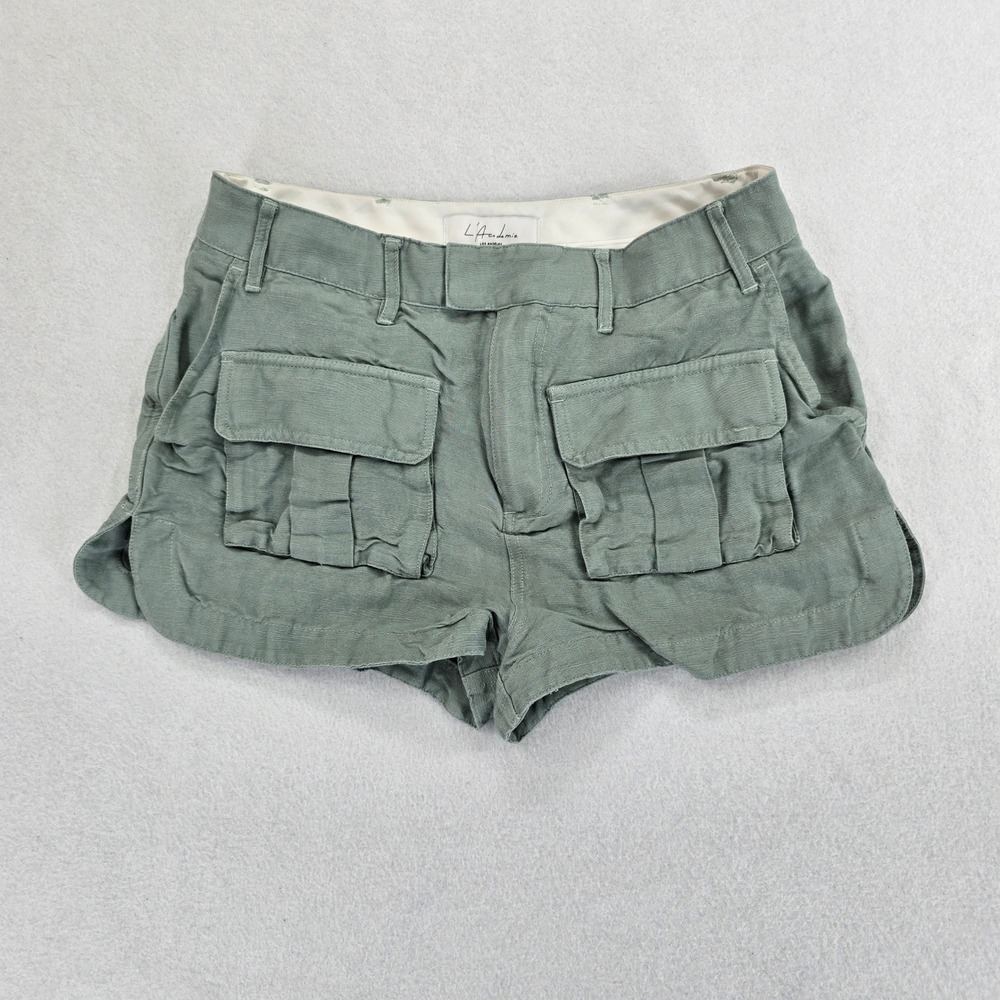 L'Academie Cargo Shorts Women Small Sage Green Linen Blend Utility High Rise
